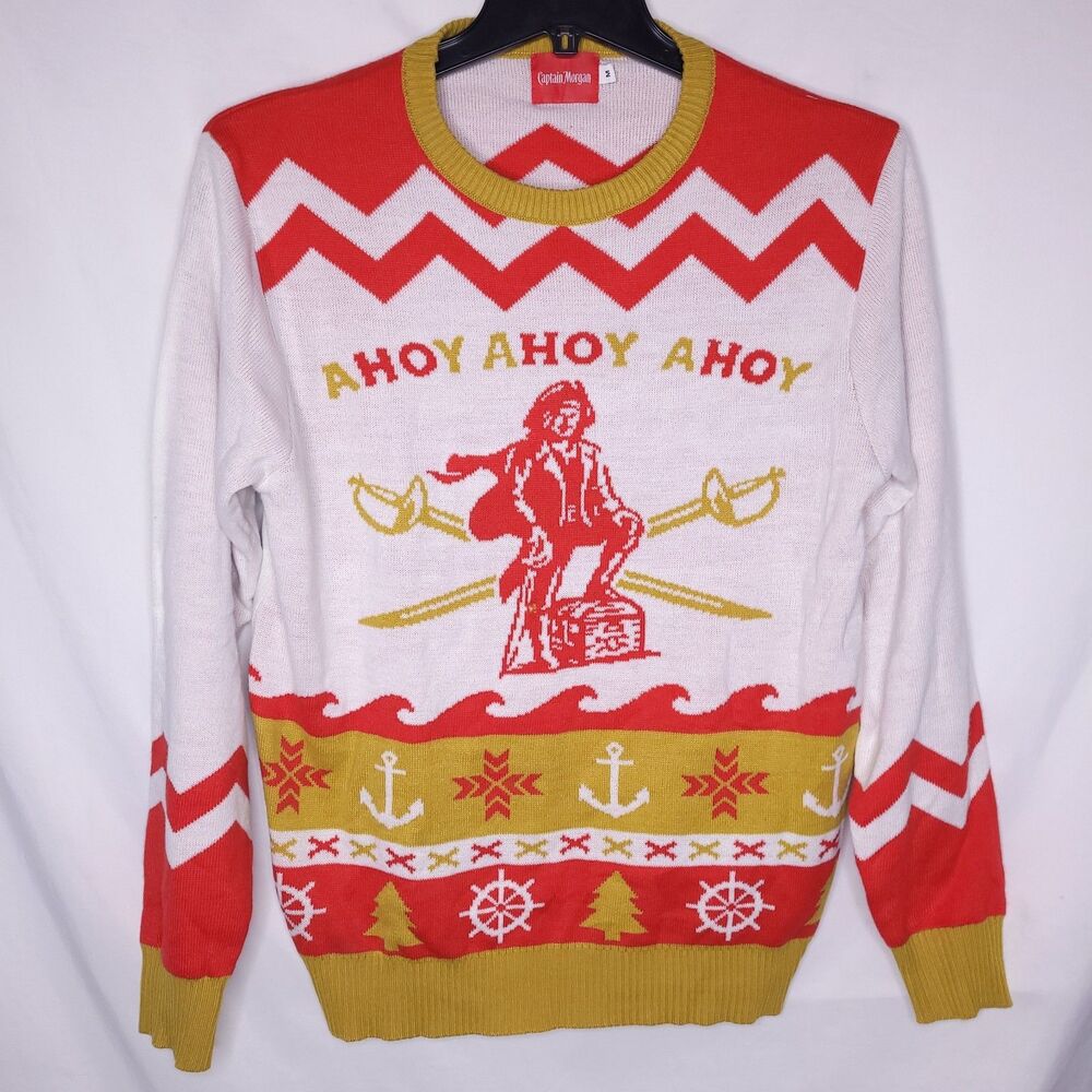 Captain Morgan Sweater Mens Medium White, Red Christmas Festive Holiday Ahoy